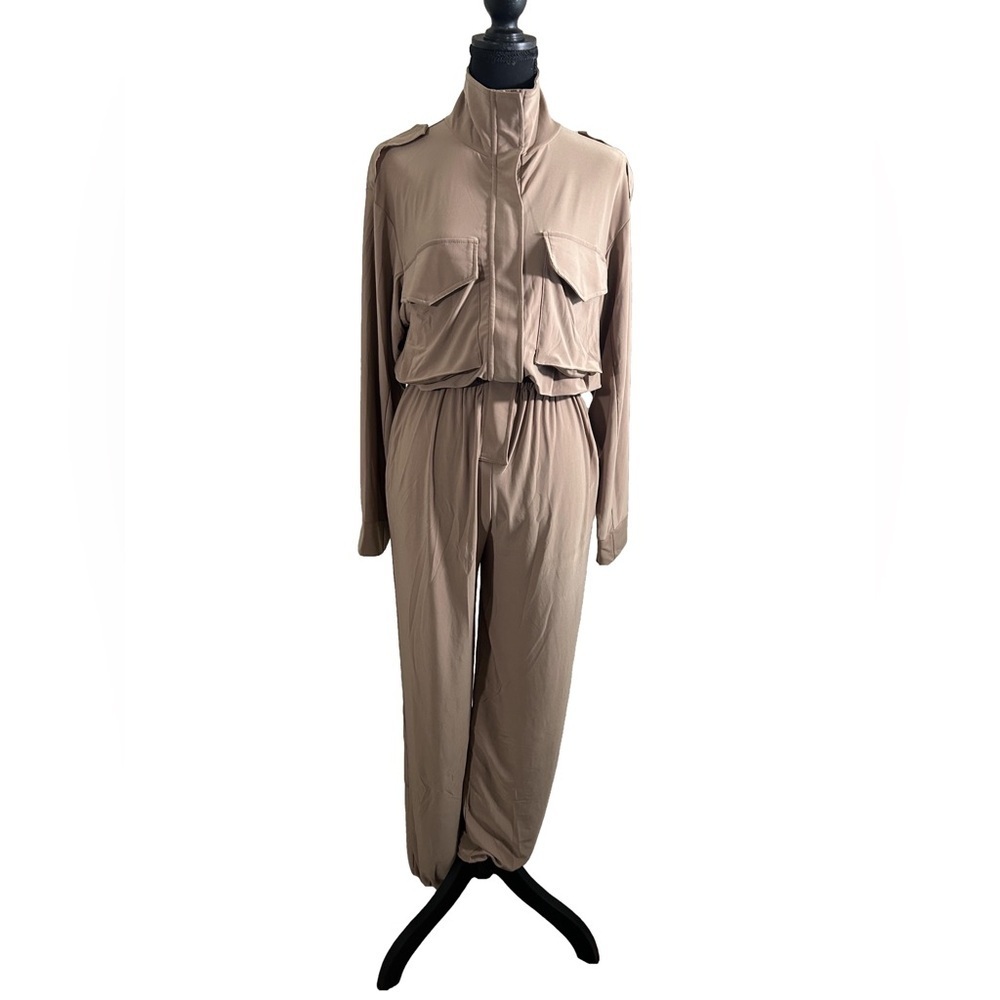 Olivaceous Women’s Soft Lightweight Tan Jumpsuit w/ Pockets, Size Medium